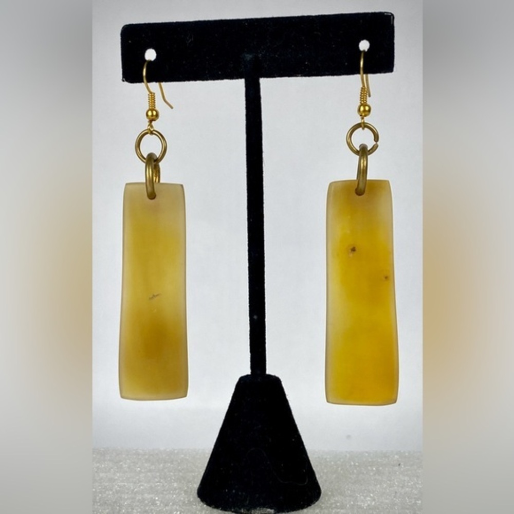 NWOT African/Bohemian Carved Natural Toned Rectangle Bone Earrings